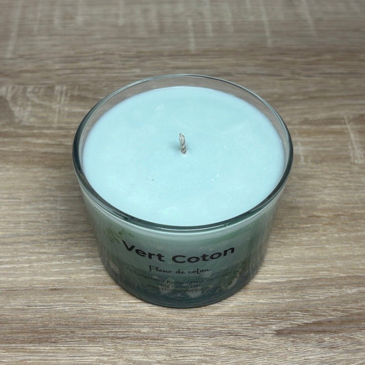 Bougie artisanale vert coton, dégradé de vert, parfum fleur de coton, home douceur