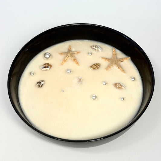 Bougie artisanale, parfum douceur des îles, décorée avec coquillages et perles, home douceur