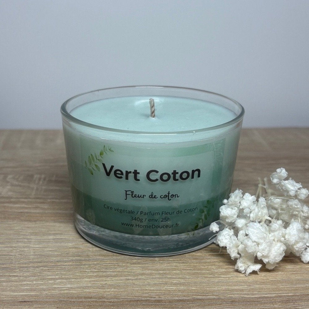Bougie artisanale vert coton, dégradé de vert, parfum fleur de coton, home douceur